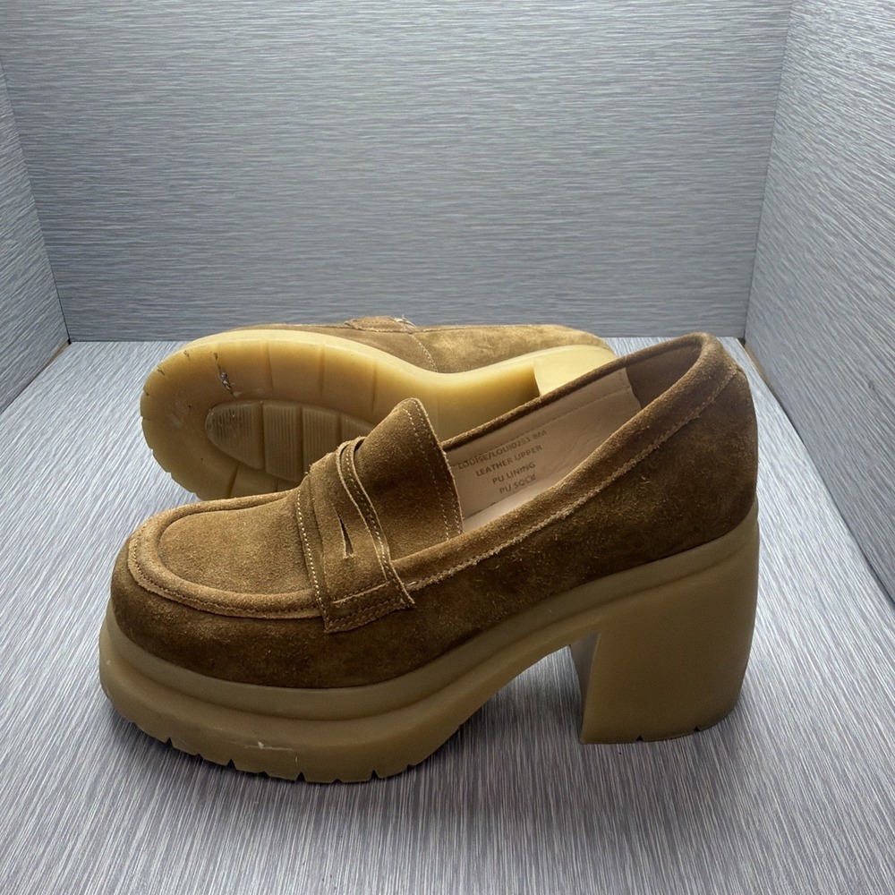 Steve Madden Womens 8 Brown Suede Platform Penny Loafers Chunky Block Heel